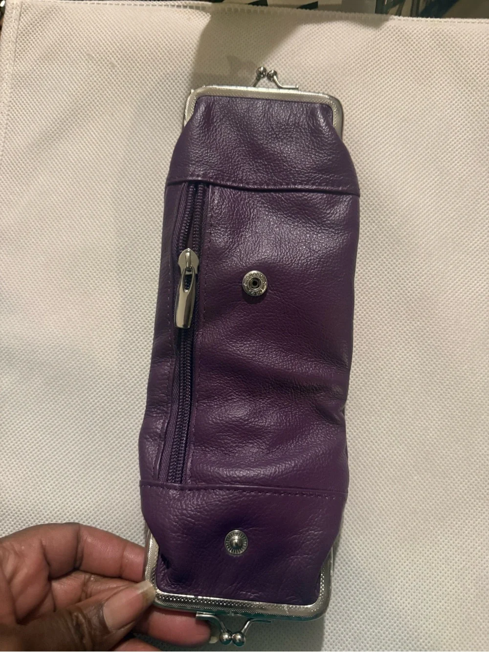 Compact Purple Leather Coin Purse with Double Kiss-Lock Compartments
